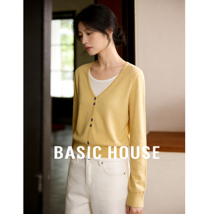 女新款 百家好撞色温柔风假两件V领针织开衫 百搭上衣 House Basic