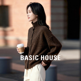 女冬慵懒风单排扣上衣 百家好复古咖啡色高领针织开衫 Basic House