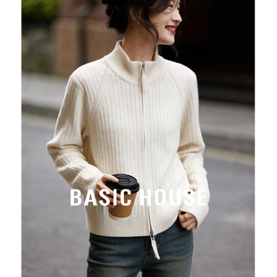 新款 Basic 女春季 百家好半高领白色羊毛衫 双头拉链针织毛衣 House