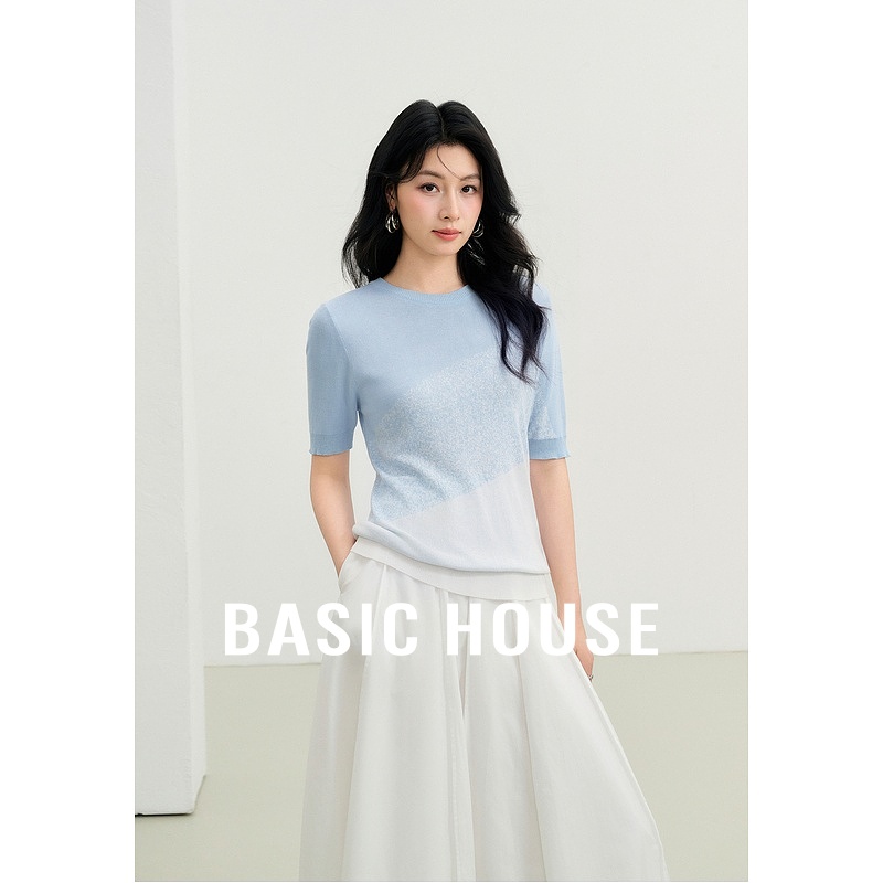 Basic House/百家好渐变撞色设计感夏季新款收腰显瘦短袖针织衫女