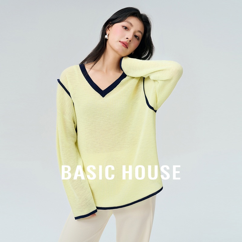 Basic House/百家好秋季撞色针织衫慵懒风宽松长袖上衣2025新款女