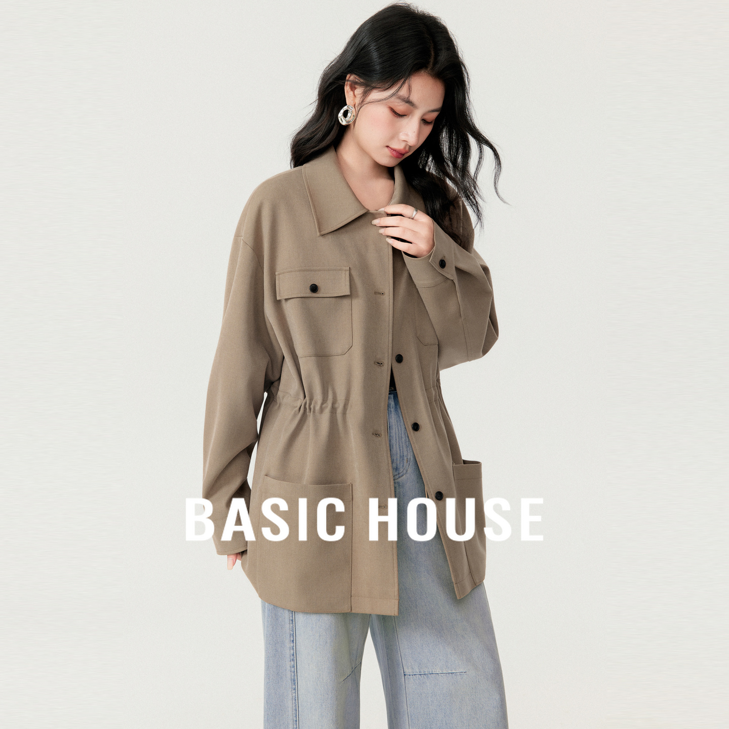 Basic House/百家好早秋工装风收腰外套女宽松休闲中长款夹克上衣