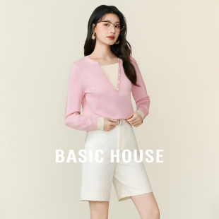 百家好V领假两件针织衫女2025秋冬季新款高级感韩版宽松休闲上衣