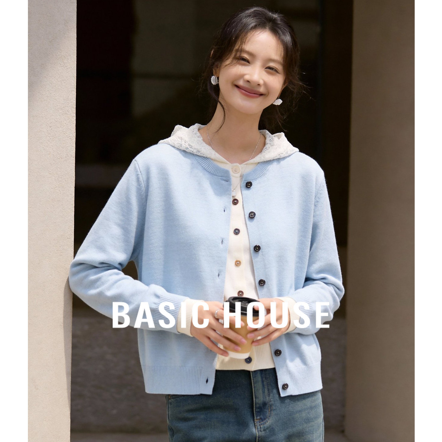 Basic House/百家好蕾丝连帽针织开衫女假两件设计感宽松毛衣外套