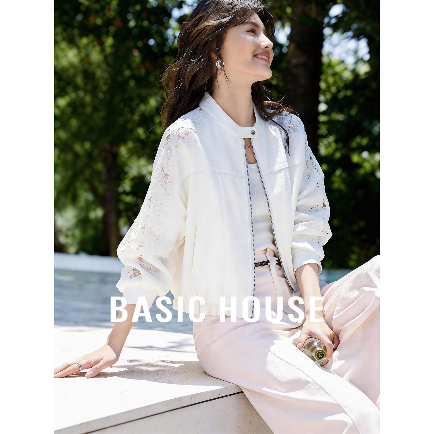 Basic House/百家好蕾丝拼接袖短款外套女2026春季新款长袖夹克衫