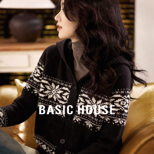 Basic House/百家好费尔岛提花连帽毛衣开衫女春新款复古针织外套