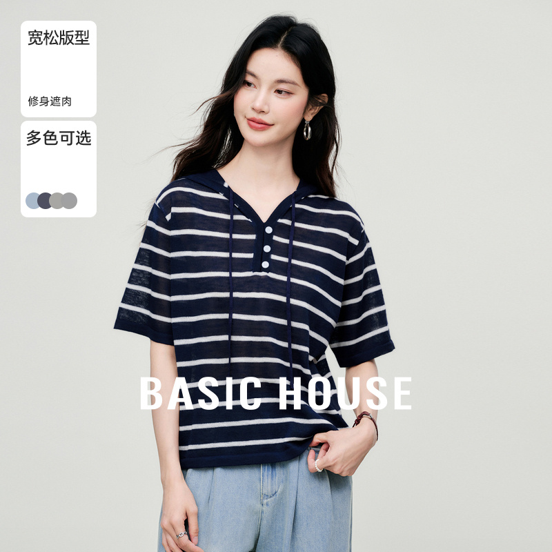 Basic House百家好条纹连帽短袖薄款针织T恤女2025夏显瘦宽松上衣