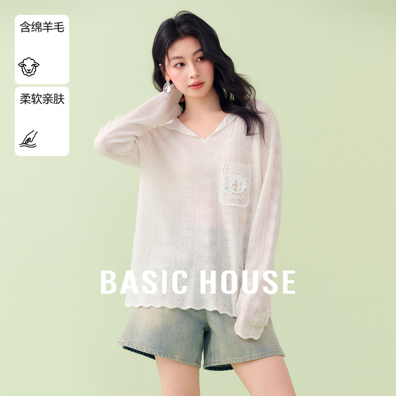 Basic House/百家好白色连帽蕾丝衫小众设计感针织上衣女2025新款