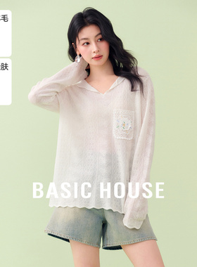 Basic House/百家好白色连帽蕾丝衫小众设计感针织上衣女2026新款