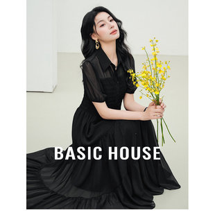 百家好温柔风黑色雪纺衬衫连衣裙女夏季泡泡袖收腰显瘦气质长裙