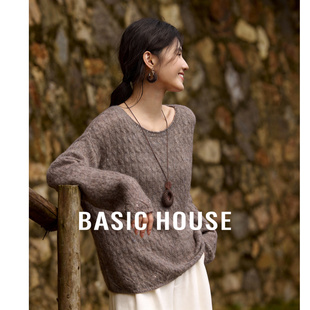 Basic House/百家好简约圆领绞花针织衫春装宽松纹理长袖套头毛衣