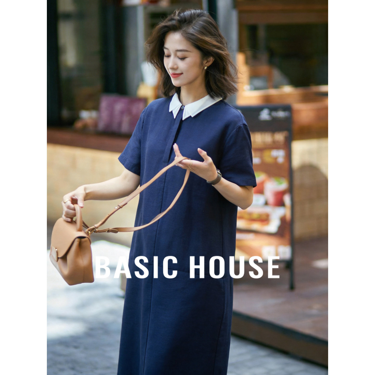 Basic House/百家好天丝翻领撞色连衣裙女夏季高级拼接中长款裙子
