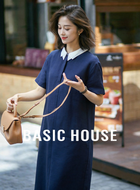 Basic House/百家好天丝翻领撞色连衣裙女夏季高级拼接中长款裙子
