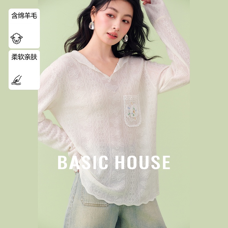 Basic House/百家好韩系连帽蕾丝针织衫女夏秋温柔风清新长袖罩衫