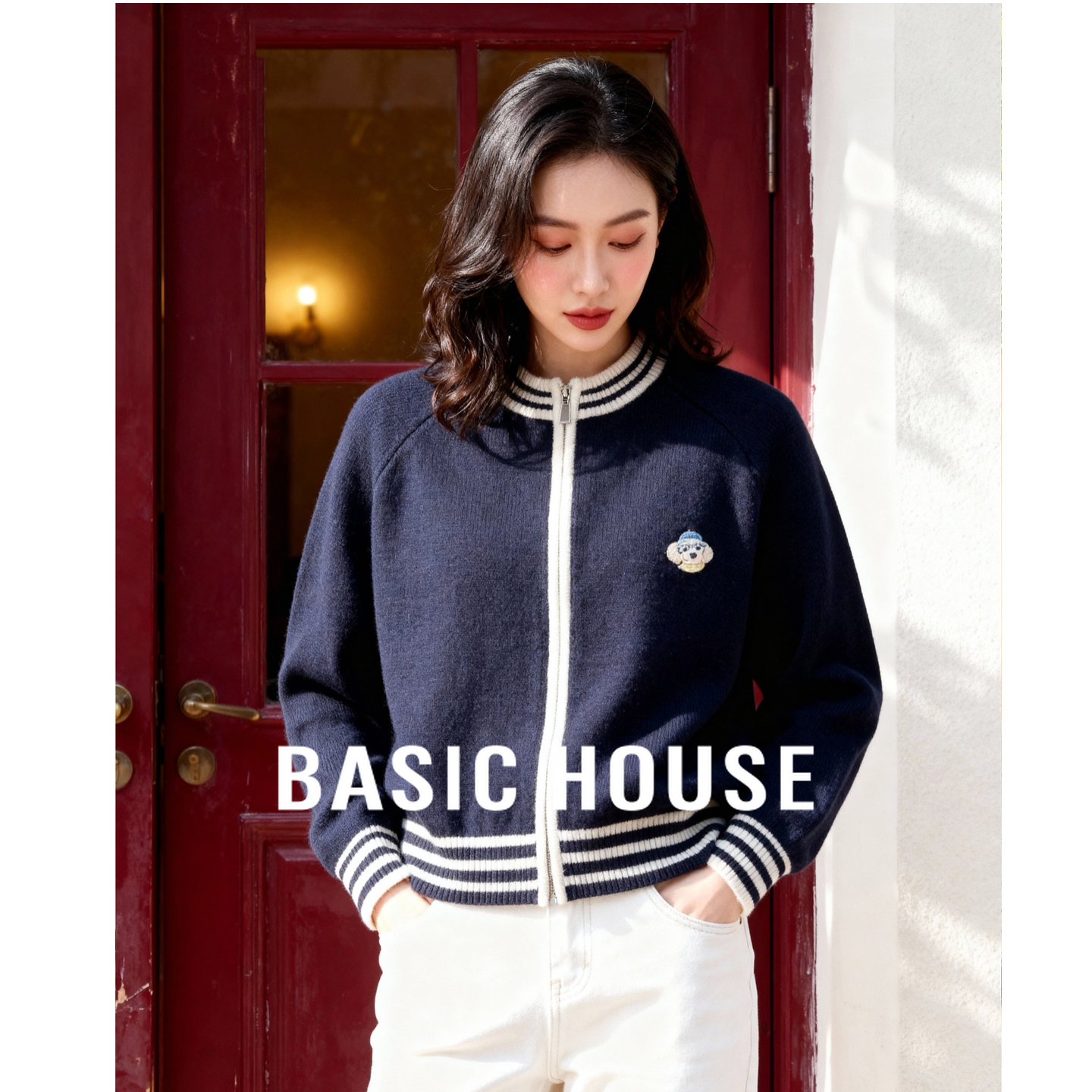 Basic House/百家好休闲棒球服外套女25秋冬刺绣撞色拉链开衫毛衣