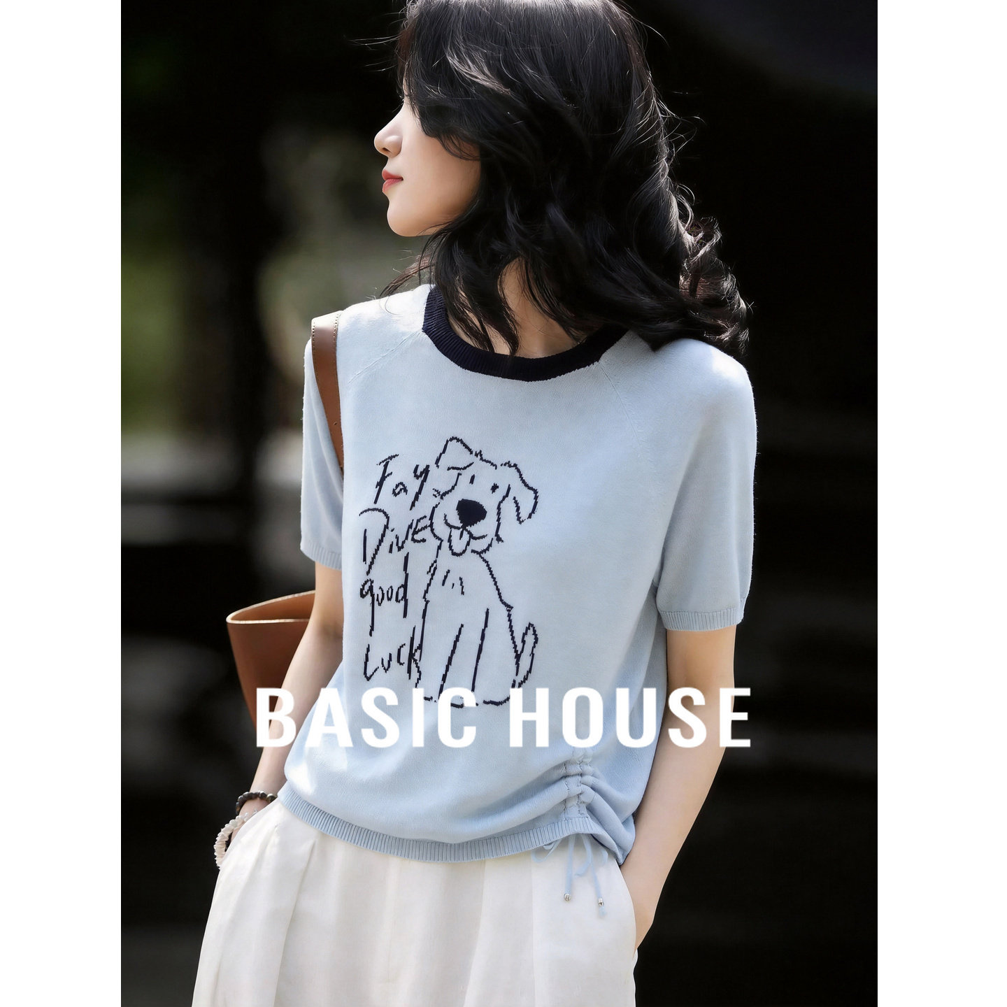 Basic House/百家好小狗提花撞色圆领针织短袖针织女夏季抽绳上衣