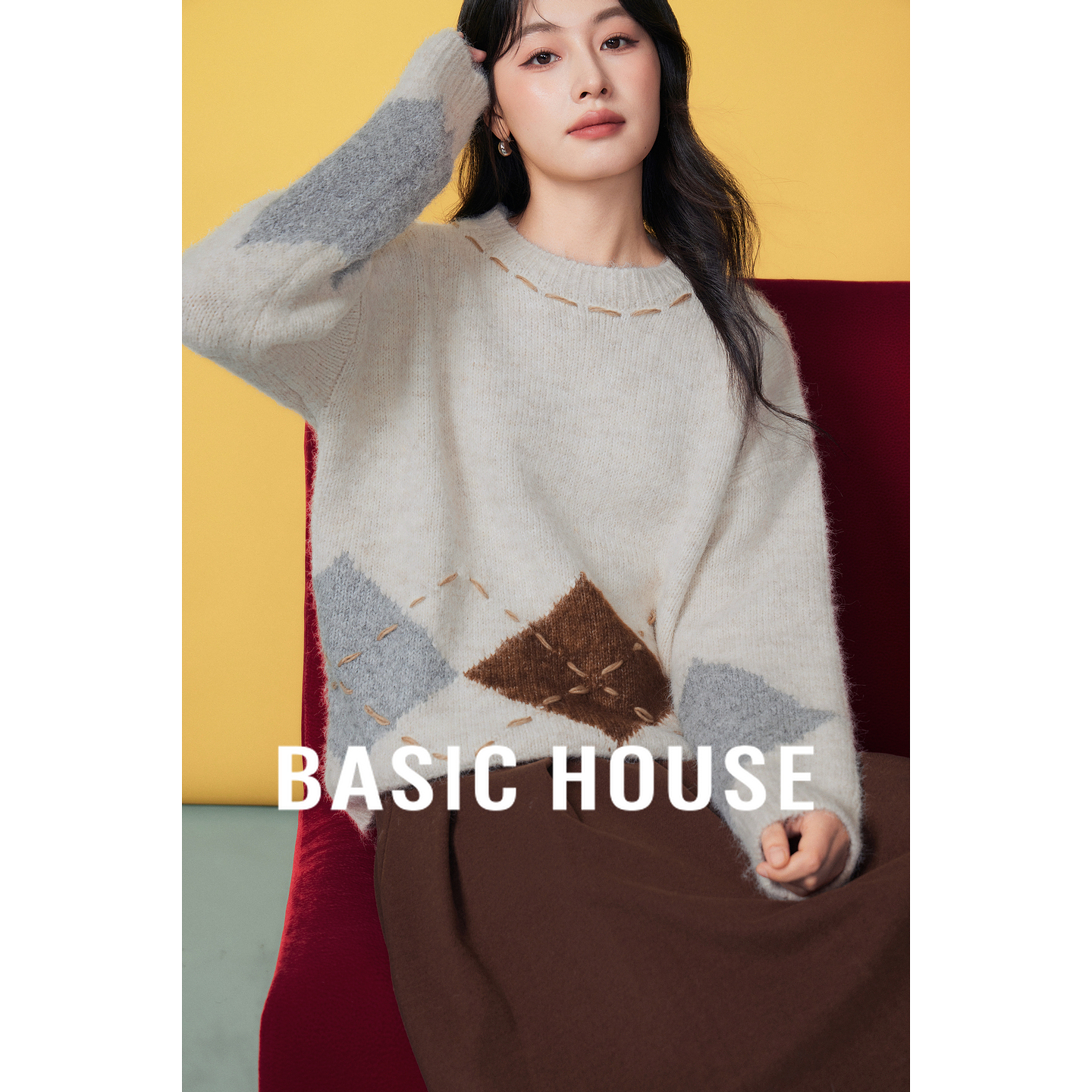 Basic House/百家好复古文艺圆领菱格毛衣女秋冬新款宽松套头上衣