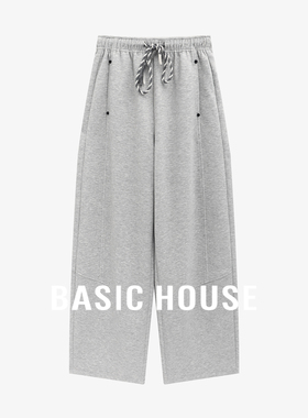 Basic House/百家好浅灰抽绳阔腿休闲裤女春新款宽松舒适运动卫裤