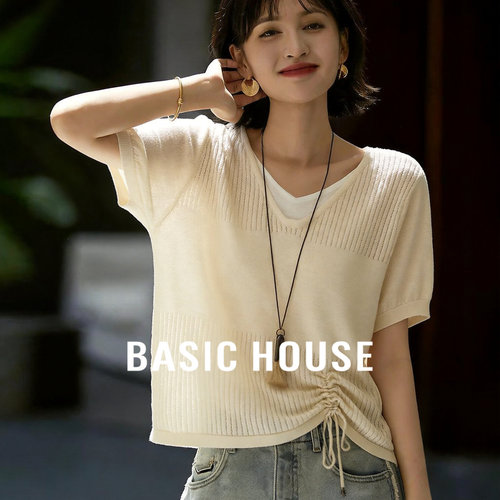 Basic House/百家好撞色镂空假两件短袖针织衫女夏季坑条抽褶上衣
