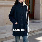 新款 Basic 复古立领粗织春季 百家好牛角扣针织开衫 上衣外套 House