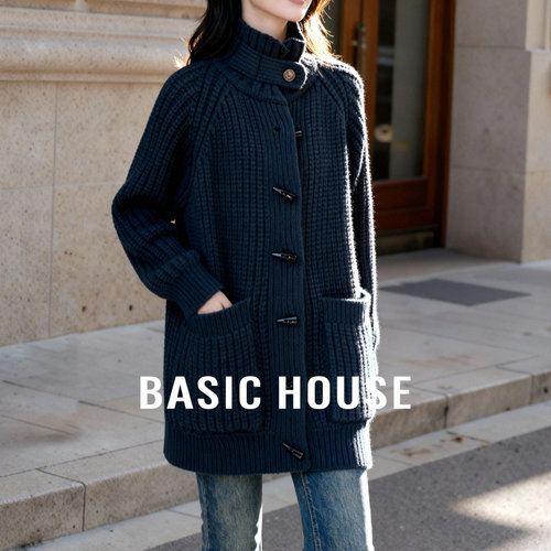 Basic House/百家好牛角扣针织开衫复古立领粗织冬简约氛围感外套
