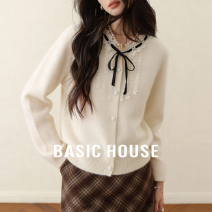 House 蕾丝领边毛衫 百家好法式 春新款 学院风绵羊毛针织开衫 Basic