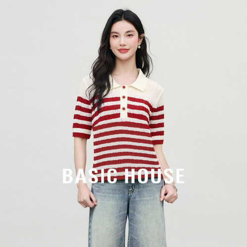 Basic House/百家好坑条条纹Polo领上衣夏季新款复古休闲针织衫女