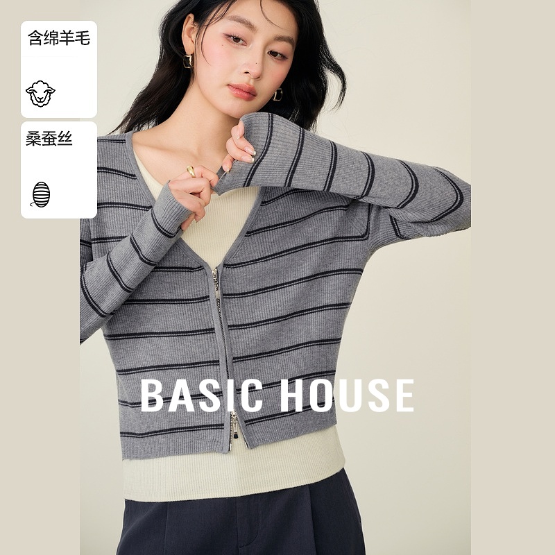 Basic House/百家好绵羊毛假两件针织衫秋季撞色双头拉链套头上衣