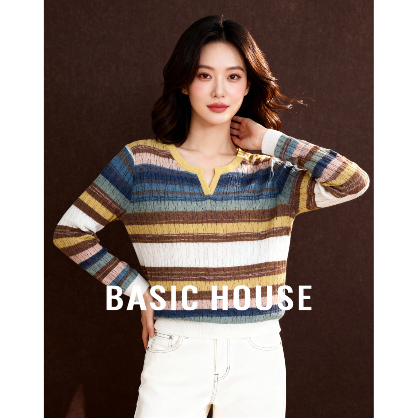 Basic House/百家好2025秋冬绵羊毛彩色条纹针织衫设计感长袖上衣