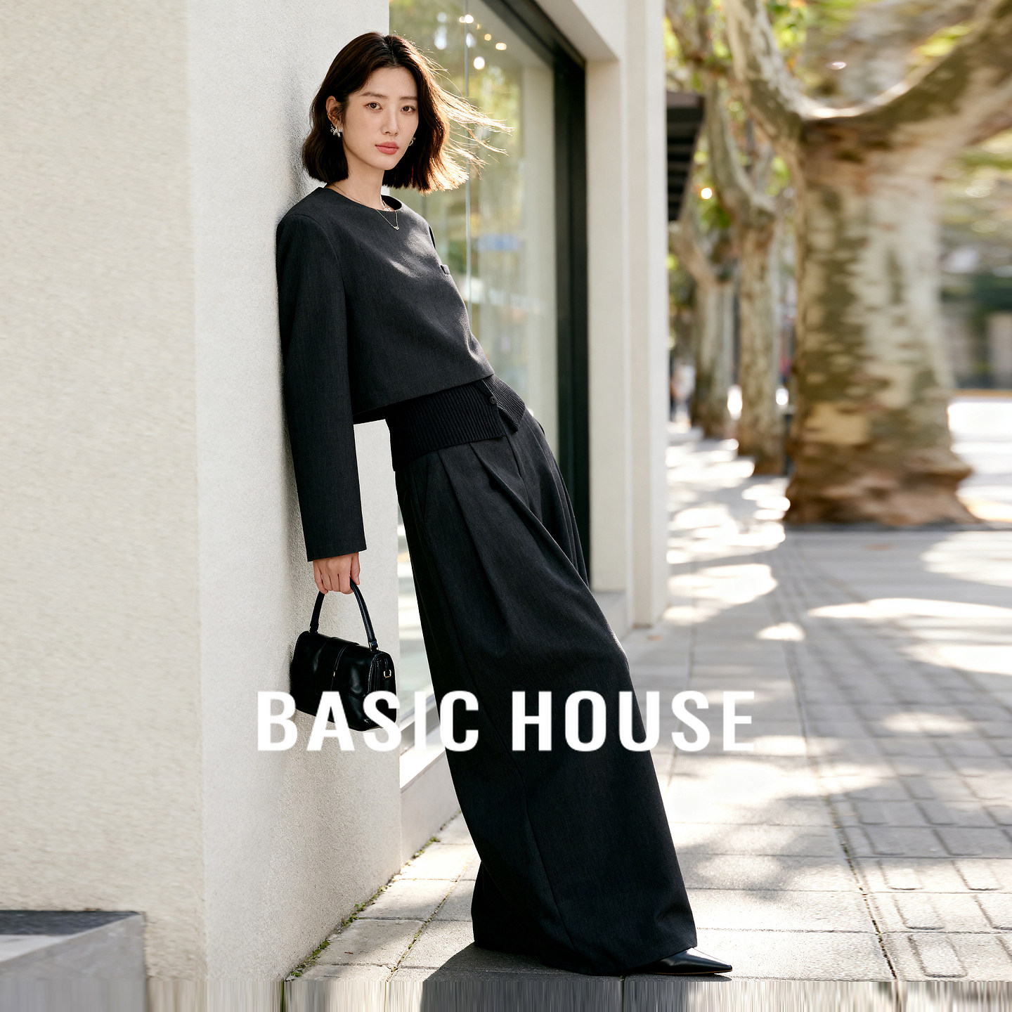 Basic House/百家好套装女高级感假两件拼接上衣高腰阔腿裤两件套