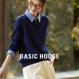 拼接显瘦长袖 Basic 春季 百家好假两件格纹翻领针织衫 上衣 House