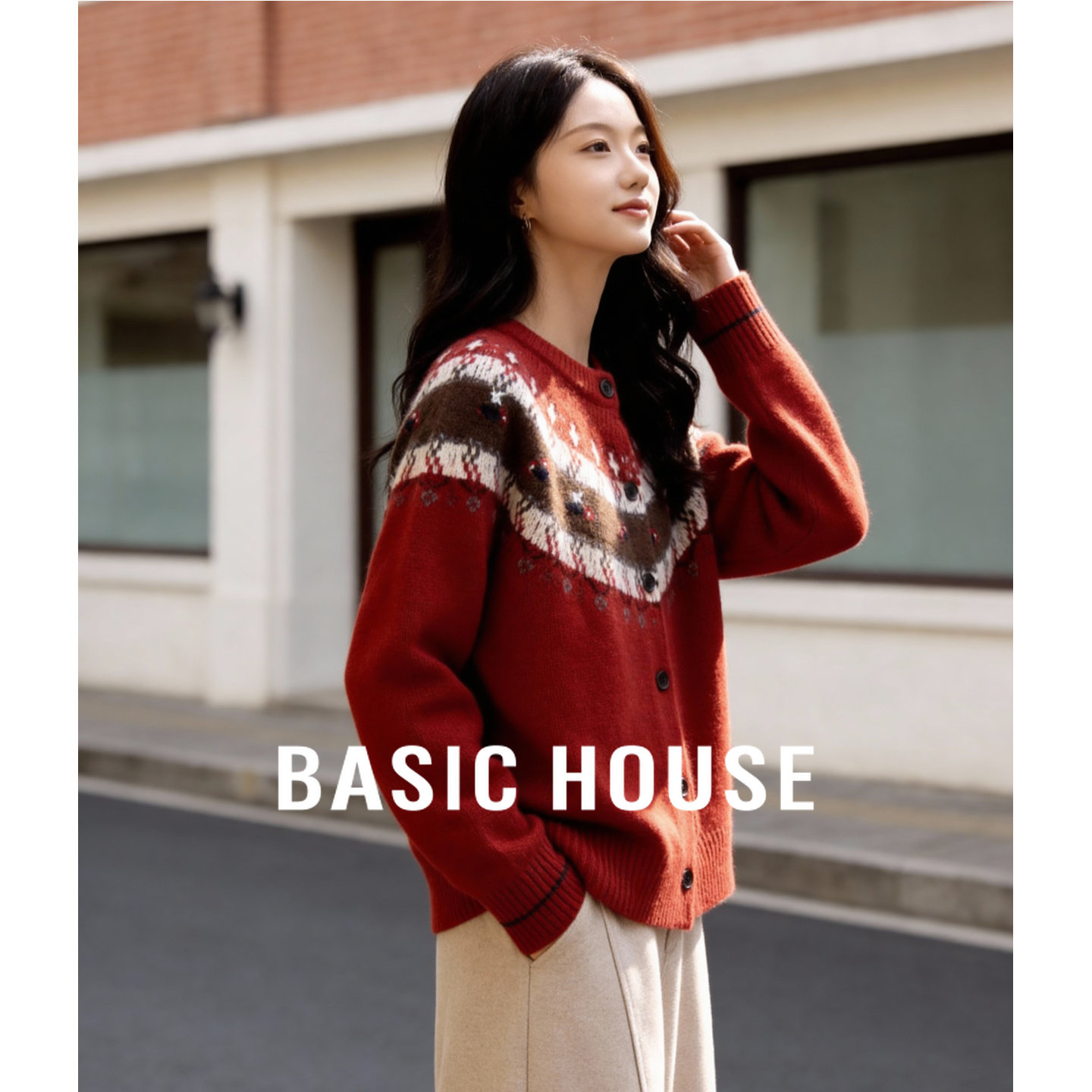 百家好新年费尔岛红色羊毛针织开衫女冬季新款复古慵懒风纽扣毛衣