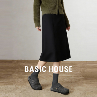 Basic House/百家好法式复古灰色羊毛半身裙女秋冬新款a字裙伞裙