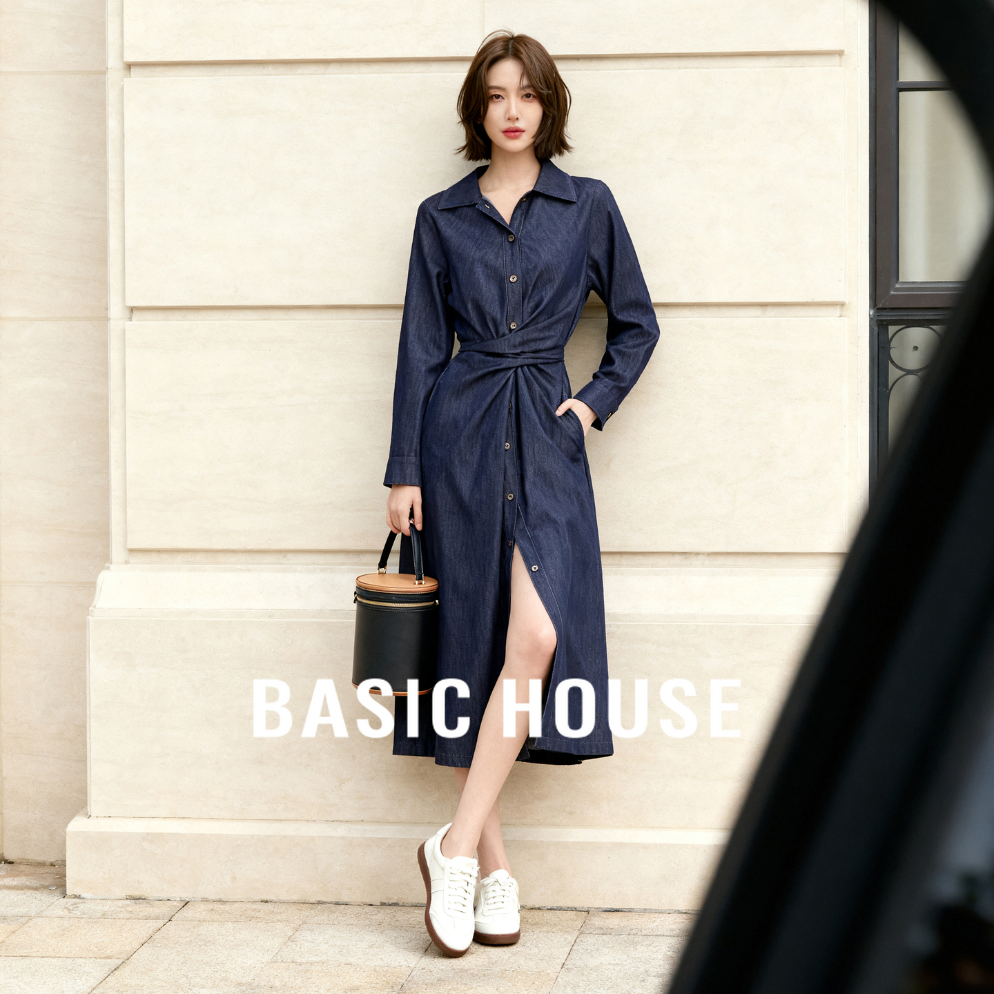 Basic House/百家好通勤法式衬衫连衣裙女秋季复古掐腰高级感裙子
