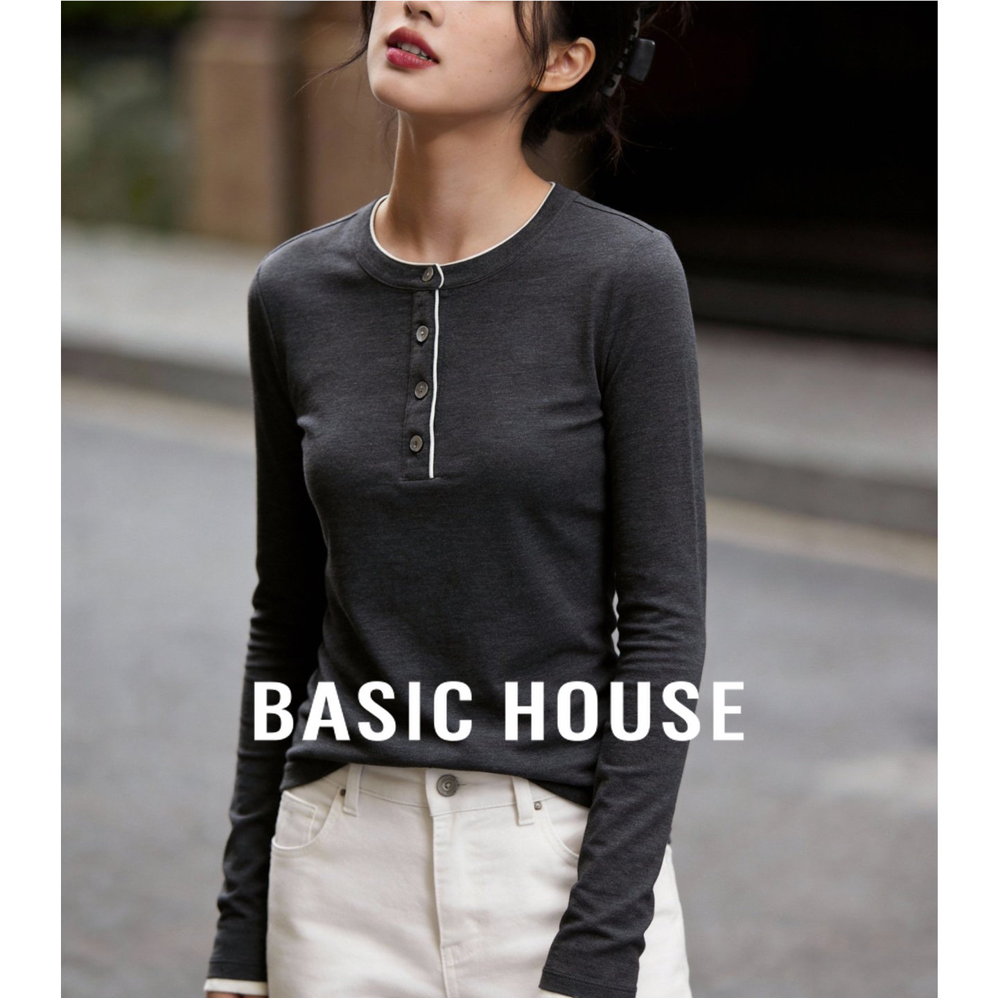 Basic House/百家好黑色圆领简约长袖T恤女春休闲百搭可外穿内搭