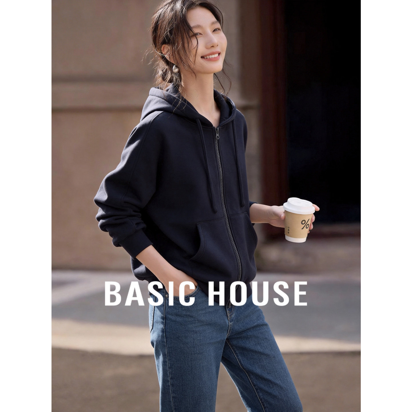Basic House/百家好纯色连帽卫衣女慵懒风拉链外套春季新款上衣