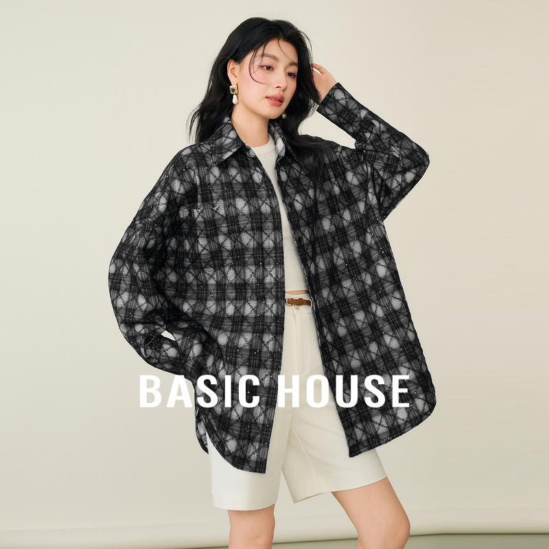 Basic House/百家好格子蕾丝衬衫秋冬新款设计感宽松亮片翻领上衣