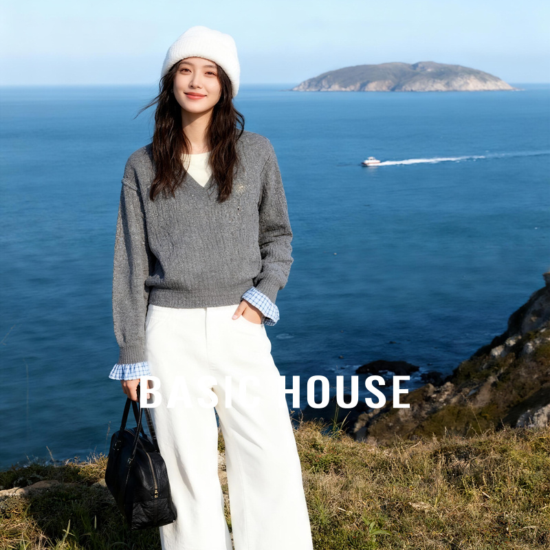 Basic House/百家好格纹拼接袖口设计秋季新款简约优雅刺绣针织衫