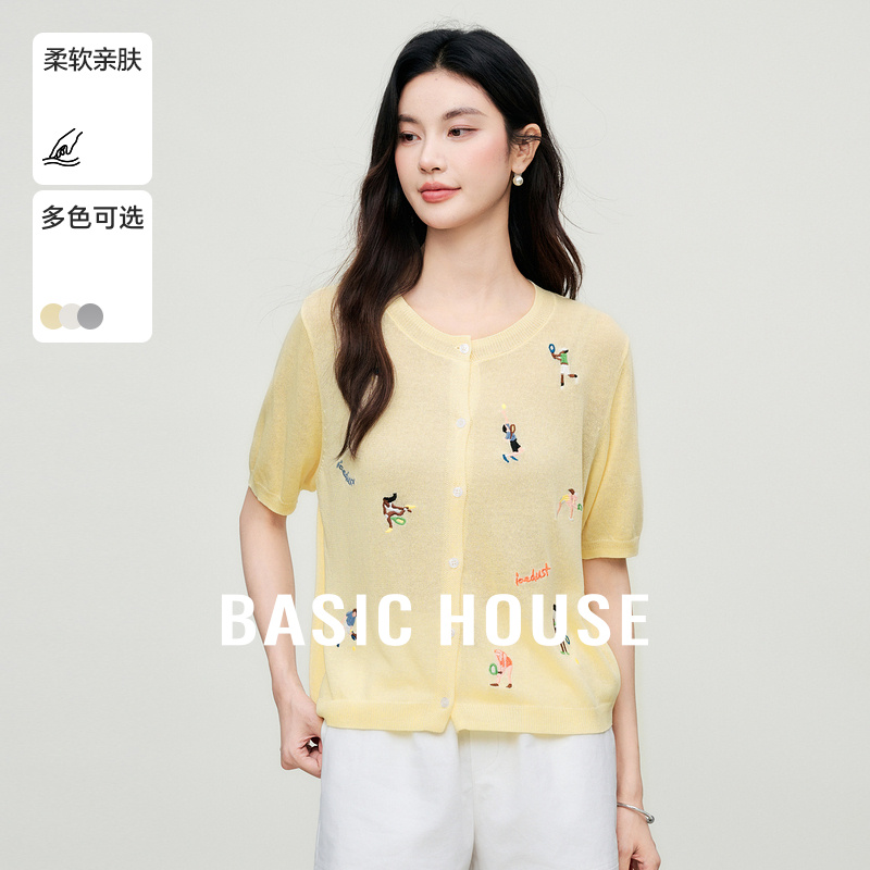 Basic House/百家好宽松卡通刺绣针织开衫女2025夏季短款圆领上衣