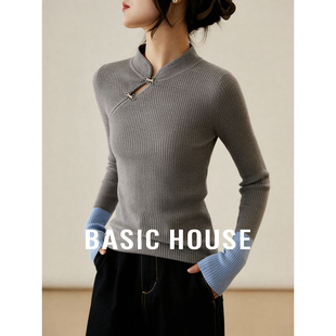 百家好新中式盘扣针织衫女秋冬季2025新款长袖内搭可外穿撞色上衣