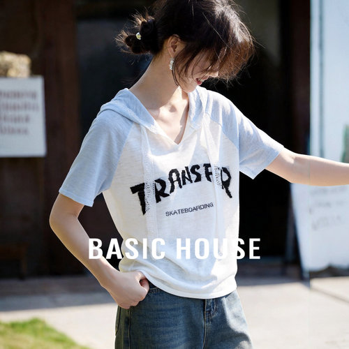 Basic House/百家好连帽蕾丝边针织衫女字母印花撞色拼接短袖上衣