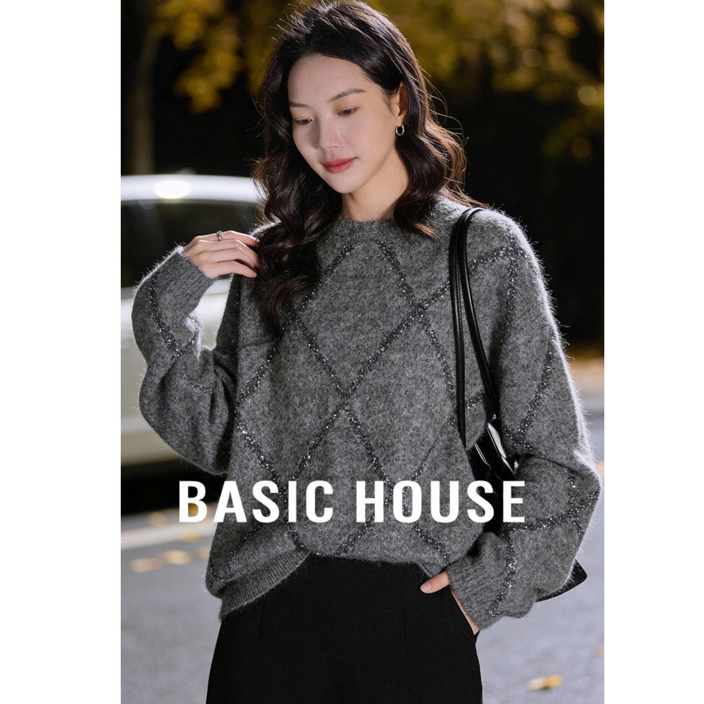 百家好菱格纹毛衣女秋冬季慵懒风套头针织衫2025新款亮丝气质上衣