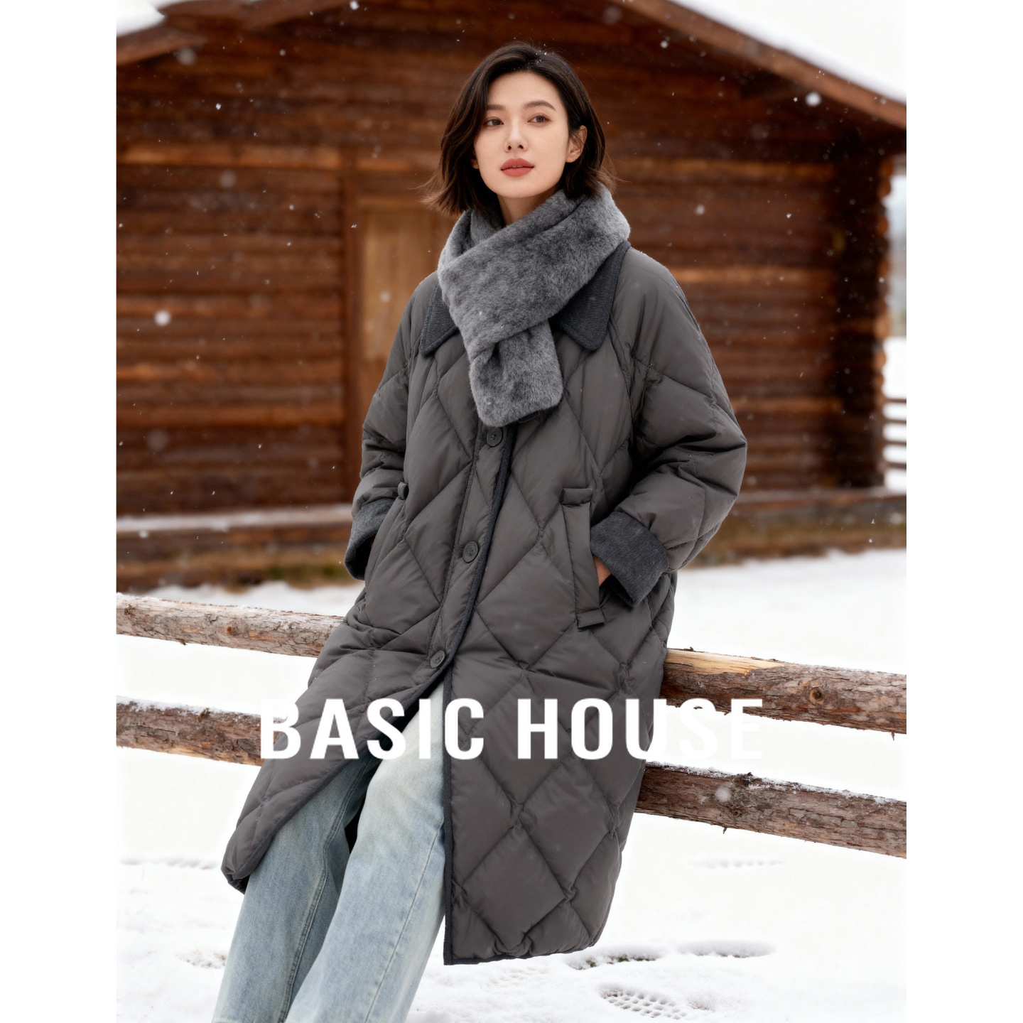 Basic House/百家好灯芯绒翻领菱格羽绒服冬季白鸭绒中长款外套女