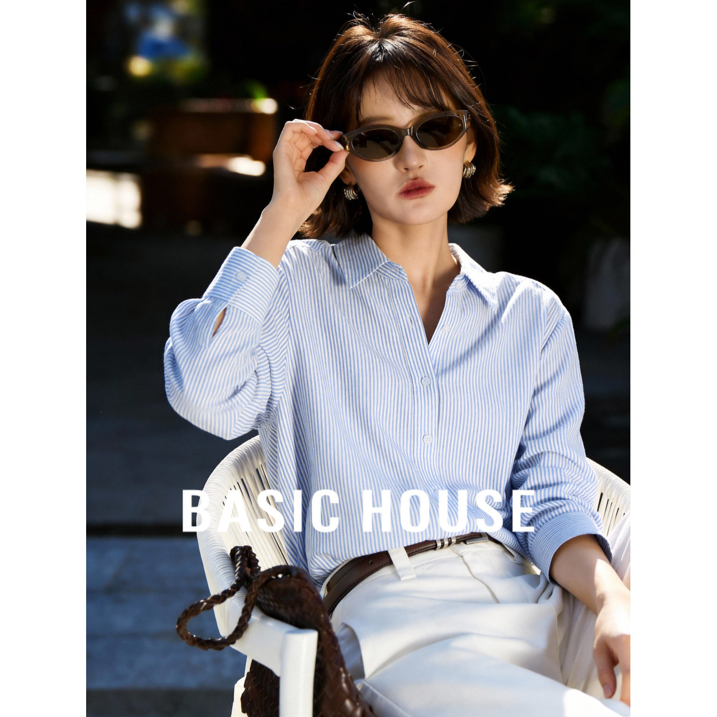 Basic House/百家好蓝白条纹翻领衬衫女春季新款清新基础叠穿衬衣
