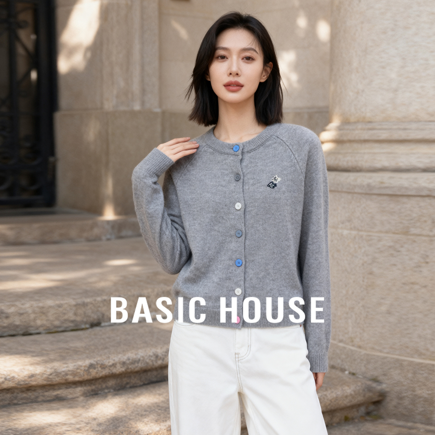 Basic House/百家好卡通刺绣圆领毛衣女款秋季休闲插肩袖开衫外套