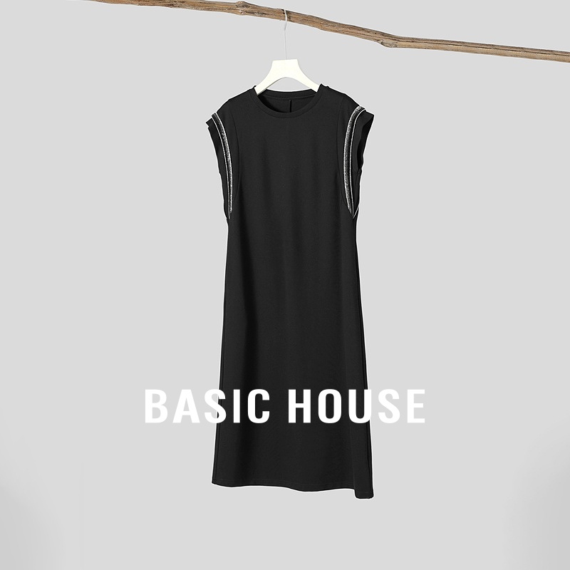 Basic House/百家好韩版撞色无袖连衣裙宽松显瘦中长款直筒裙夏季