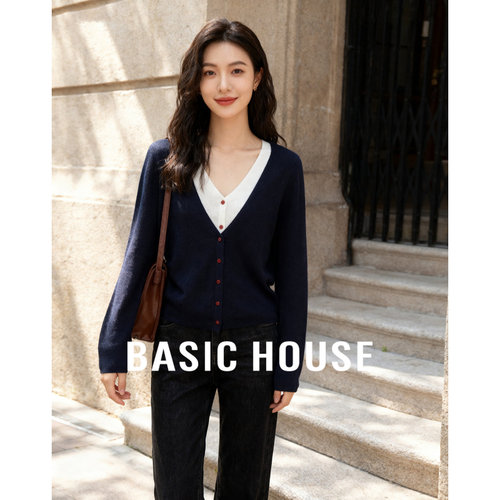 Basic House/百家好绵羊毛假两件针织开衫女春季新款V领撞色上衣