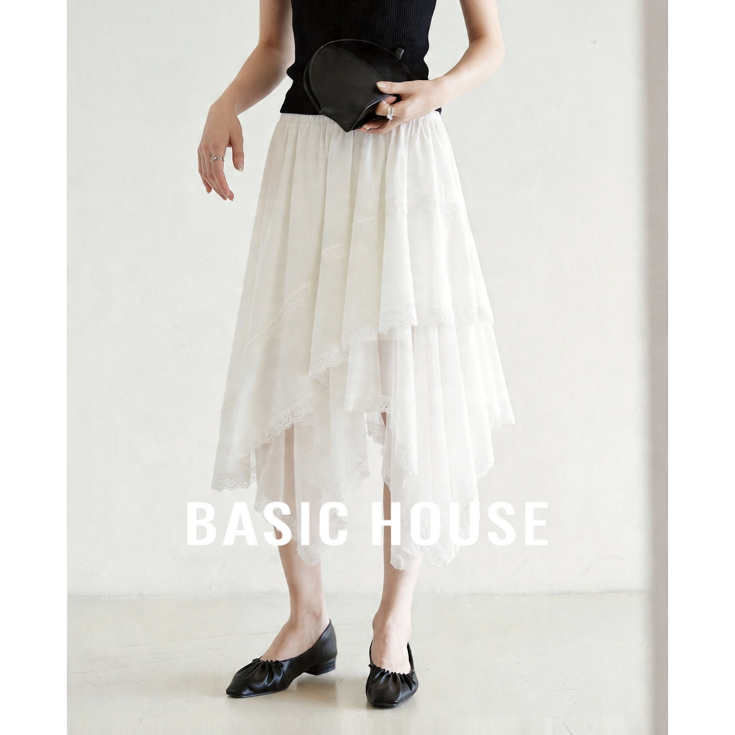 Basic House/百家好白色蕾丝设计感长裙女夏不规则高腰气质半身裙