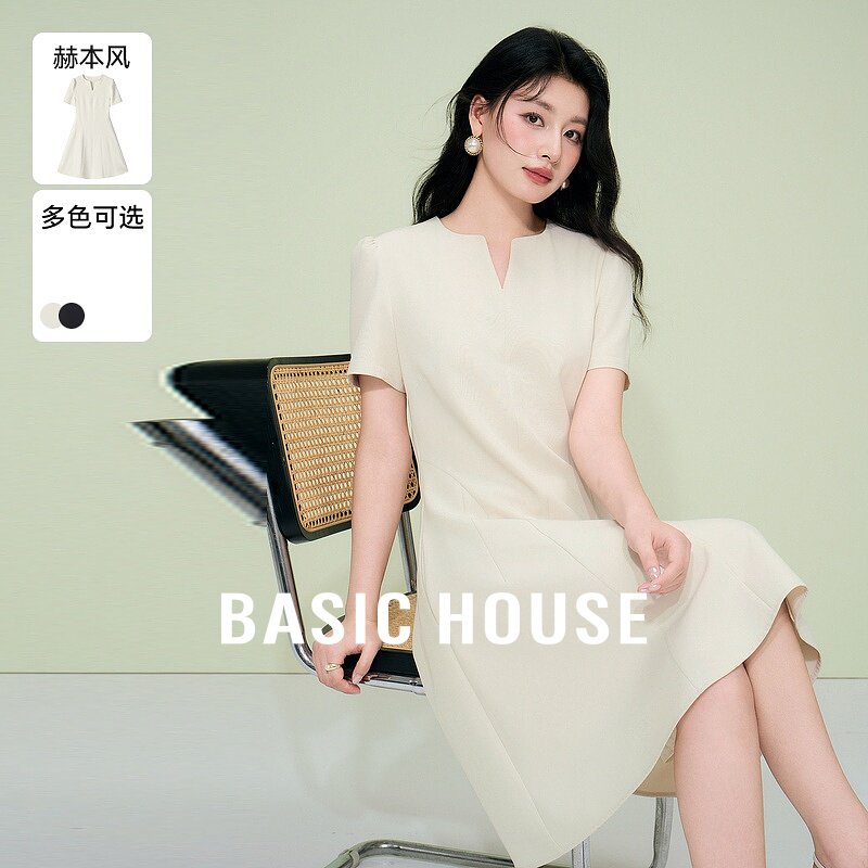 Basic House/百家好法式赫本风连衣裙女2026夏季新款显瘦短袖长裙