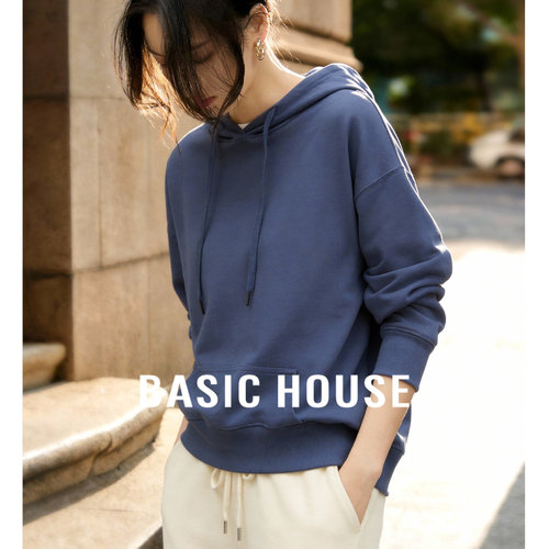 Basic House/百家好春季新款雾霾蓝连帽纯色宽松卫衣女外穿上衣